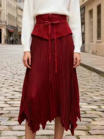 Gonna Midi Pieghettata A Vita Alta Elegante Stile Francese Per Donna Orlo Irregolare Coulisse In Misto Cotone Poliestere