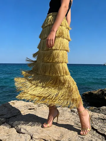 Women's Vintage Elegant High Waist Tiered Tassel Cake Skirt Solid Color Fringe Maxi Skirt For Wedding Party Banquet Travel