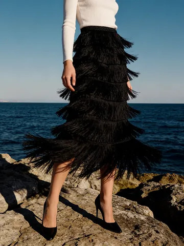 Women's Vintage Elegant High Waist Tiered Tassel Cake Skirt Solid Color Fringe Maxi Skirt For Wedding Party Banquet Travel