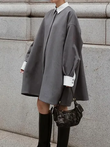 Dames Overhemdjas Halflang Contrastkleur Losse Bovenkleding Contrast Kraag Manchetten Knoopsluiting Casual Werk Woon Werk Top