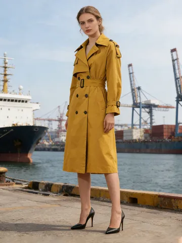 Women's French British Style Mid-Length Trench Coat Double Breasted Lapel Windbreaker With Belt Long Sleeve Autumn Outerwear Top