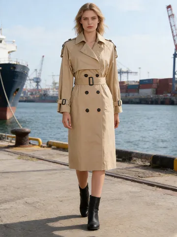 Women's French British Style Mid-Length Trench Coat Double Breasted Lapel Windbreaker With Belt Long Sleeve Autumn Outerwear Top