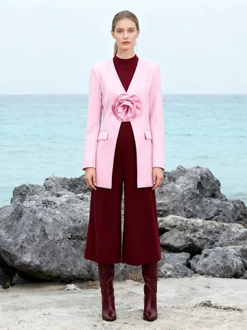 Elegant Women Cotton Blend 3D Flower Blazer Slim Fit Open Front Suit Jacket V-Neck Long Sleeve Outerwear For Autumn