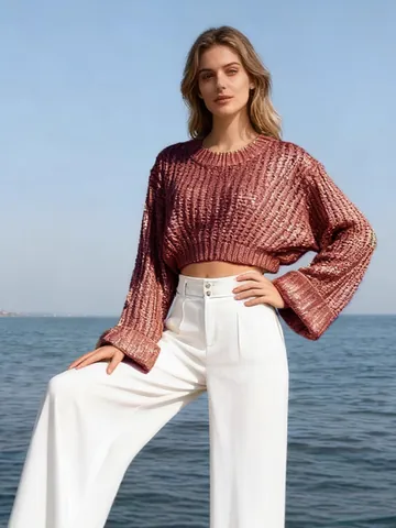 Elegant Women Long Sleeve Cropped Sweater Solid Color Metallic Texture Cotton Polyester Knit Top Round Neck Loose Pullover