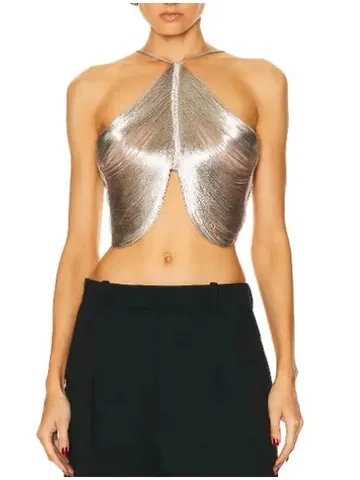 Women Sexy Halter Neck Fringed Tank Top Metallic Tassel Irregular Hem Boned Cami Backless Vest For Summer Party Nightclub