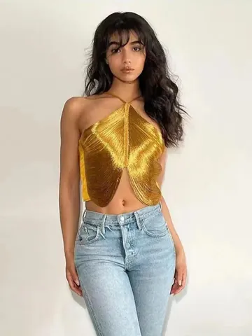 Women Sexy Halter Neck Fringed Tank Top Metallic Tassel Irregular Hem Boned Cami Backless Vest For Summer Party Nightclub