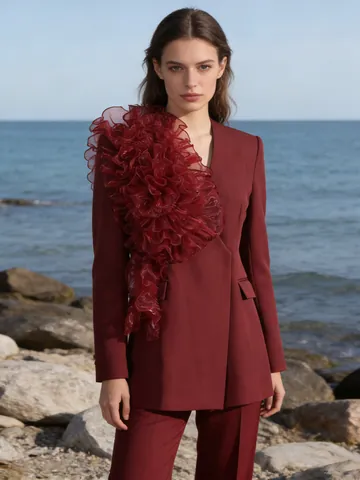Elegant Wine Red V-Neck Blazer Jacket For Women With Patchwork Organza Ruffle Floral Design Slim Fit Autumn Long Sleeve Top