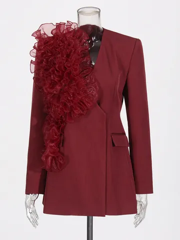 Elegant Wine Red V-Neck Blazer Jacket For Women With Patchwork Organza Ruffle Floral Design Slim Fit Autumn Long Sleeve Top