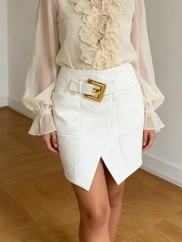 Women Elegant Vintage High Waist Bodycon Skirt With Metal Buckle Belt Sexy Front Slit Polyester Slimming Mini Skirt