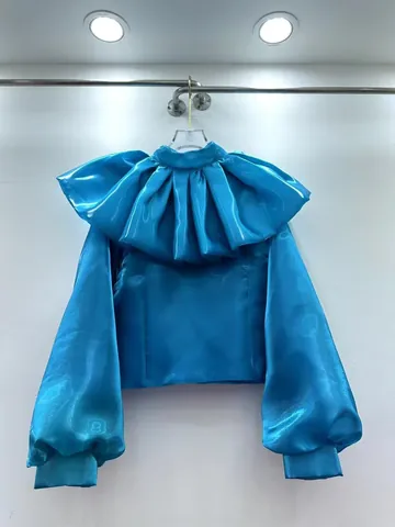 Women Elegant Satin Ruffle Collar Blouse Long Sleeve Solid Color Glossy Crop Top Lantern Sleeve Fashion Shirt For Women