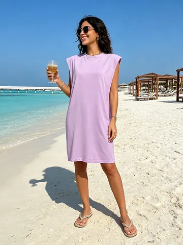 Einfarbig Schulterpolster Ärmelloses Kleid Für Damen Casual Rundhals Lockere Passform Mini Tank Kleid Sommer Urlaub Strand Mode
