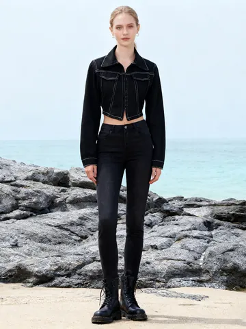 Damen Schlank Passform Jeansjacke Mit Kontrastnähten Kurzarm Kurzes Revers Reißverschluss Oberbekleidung Für Herbst Freizeit Pendler