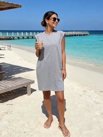 Einfarbig Schulterpolster Ärmelloses Kleid Für Damen Casual Rundhals Lockere Passform Mini Tank Kleid Sommer Urlaub Strand Mode