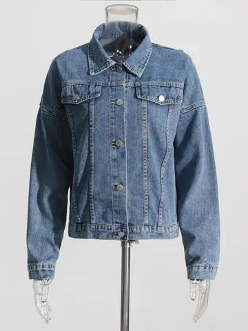 Women Washed Denim Jacket Back Fringe Tassel Oversized Lapel Single Breasted Button Streetwear Casual Outerwear Loose Top