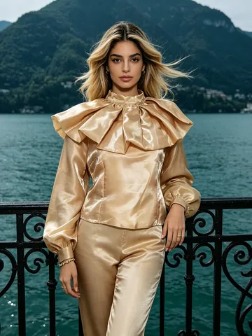 Women Elegant Satin Ruffle Collar Blouse Long Sleeve Solid Color Glossy Crop Top Lantern Sleeve Fashion Shirt For Women