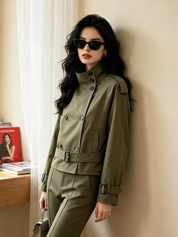 Women British Style Retro Short Trench Coat Double Breasted Stand Collar Windbreaker Jacket With Belt Elegant Polyester Outerwear Top
