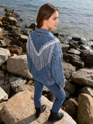 Women Washed Denim Jacket Back Fringe Tassel Oversized Lapel Single Breasted Button Streetwear Casual Outerwear Loose Top