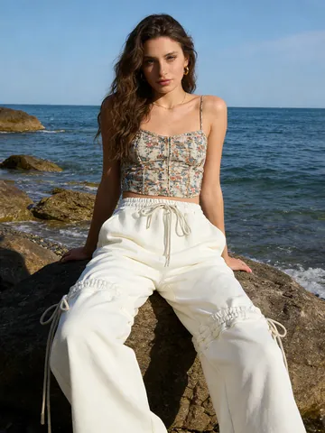 Γυναικείο Ψηλόμεσο Casual Παντελόνι με Ίσιο Μπατζάκι Κομψό με Κορδόνι Αδυνατιστικό Μονόχρωμο Σύνθετο Σουρωτό Παντελόνι για Καλοκαίρι Μόδα