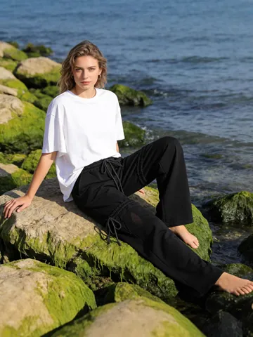 Γυναικείο Ψηλόμεσο Casual Παντελόνι με Ίσιο Μπατζάκι Κομψό με Κορδόνι Αδυνατιστικό Μονόχρωμο Σύνθετο Σουρωτό Παντελόνι για Καλοκαίρι Μόδα