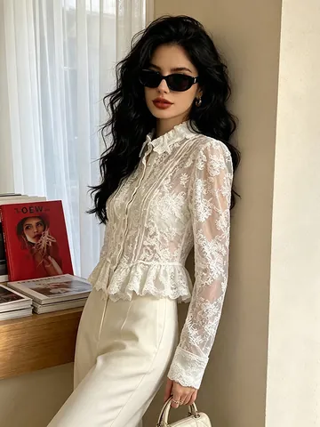 Blouse Élégante en Dentelle Florale pour Femmes Sexy Col Montant à Volants Polyester Élasthanne Épissé Top Peplum
