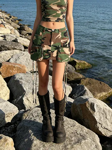 Women High Waist Camouflage A-Line Mini Skirt Streetwear Fashion Patchwork Polyester Cargo Skirt With Pockets Bottom