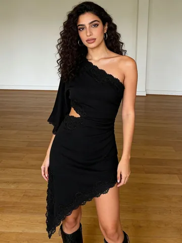 Elegant One Shoulder Lace Trim Cut Out Waist Asymmetric Hem Black Midi Dress Sexy Stitching Bodycon Party Dress For Women