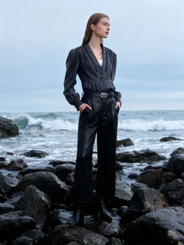 Women Elegant V Neck Lantern Sleeve Blouse Vintage Beaded Slim Fit Polyester Spandex Top For Daily Office Lady Clothes