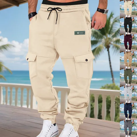 Men's Fleece Lined Cargo Sweatpants Winter Thickened Multi Pockets Loose Jogger Pants Casual Solid Color Warm Trousers