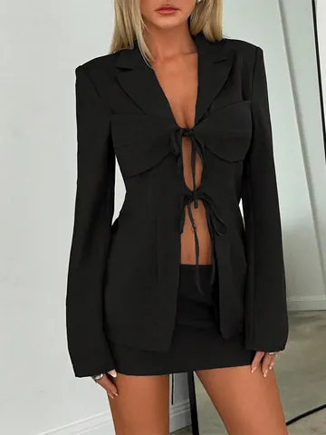 Blazer da Donna con Intaglio e Allacciatura Giacca in Poliestere Design Irregolare Slim Fit Manica Lunga Moda Autunnale