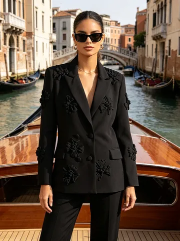 French Style 3D Floral Applique Blazer Women Long Sleeve Loose Double Breasted Jacket Elegant Commuting Suit Outerwear