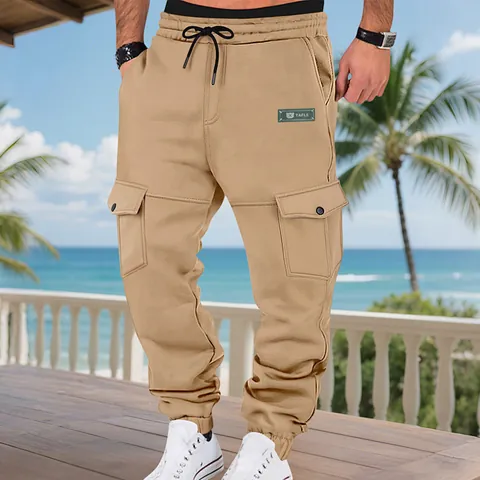 Men's Fleece Lined Cargo Sweatpants Winter Thickened Multi Pockets Loose Jogger Pants Casual Solid Color Warm Trousers