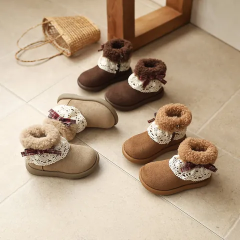 Girls Winter Boots Korean Style Lace Bow Decor Fleece Lined Warm Short Boots Cow Suede Anti-Slip TPR Sole Fashion Kids Shoes