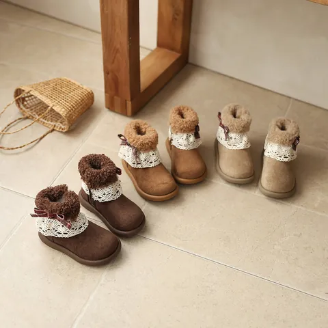 Girls Winter Boots Korean Style Lace Bow Decor Fleece Lined Warm Short Boots Cow Suede Anti-Slip TPR Sole Fashion Kids Shoes