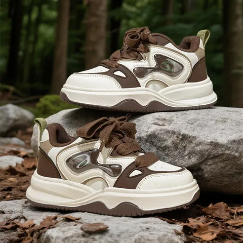 Girls Breathable Lace Up Sneakers Fashion Patchwork Chunky Sole Casual Sports Shoes For School Kids Beige Black Brown