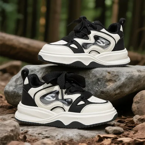 Girls Breathable Lace Up Sneakers Fashion Patchwork Chunky Sole Casual Sports Shoes For School Kids Beige Black Brown