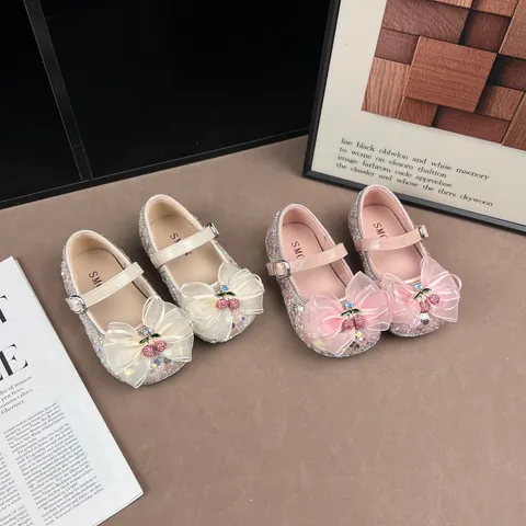 Girls Glitter Princess Shoes Sequin Bowknot Mary Jane Wedding Performance Flat Shoes With Cherry Decor For Little Kids