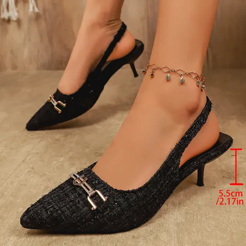 Women Pointed Toe Tweed Slingback Pumps Elegant Stiletto Heel Rhinestone Metal Buckle Hollow Back Socialite Dress Shoes