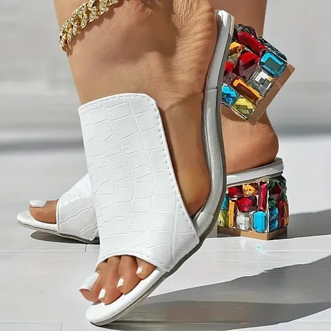Dames Blokhak Strass Slides Krokodillenpatroon Kunstleder Sandalen Vierkante Teen Gekleurde Strass Mules Modieuze Zomer Schoenen