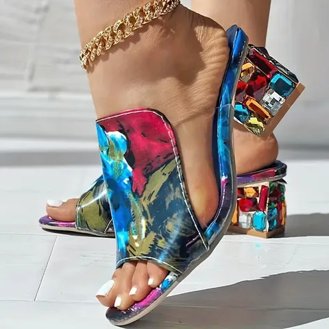 Dames Blokhak Strass Slides Krokodillenpatroon Kunstleder Sandalen Vierkante Teen Gekleurde Strass Mules Modieuze Zomer Schoenen