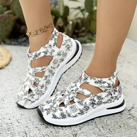 Women Floral Print Wedge Sandals Roman Style Thick Sole Gladiator Sandals PU Rubber Velcro Casual Platform Summer Shoes Plus Size