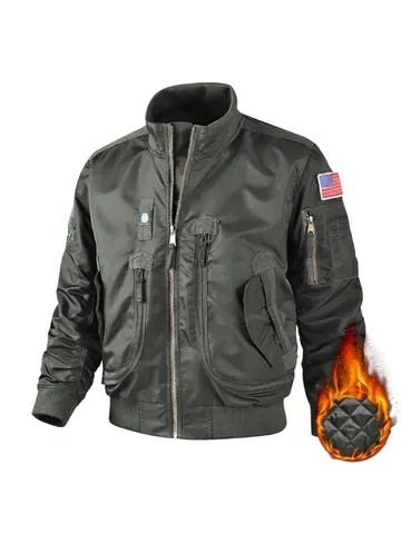 Men MA-1 Flight Jacket Thickened Padded Bomber Jacket Loose Fit Windproof Stand Collar American Vintage Polyamide Nylon Winter Outerwear