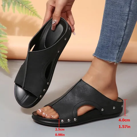 Damen Keilabsatz Sandalen Sommer Rund Zehen Plateau Römische Slides Peep Toe Nieten Verzierung Casual Dicke Sohle Pantoletten