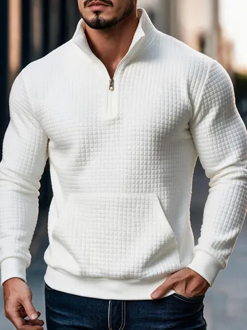Herren Casual Polyester Waffelstrick Sweatshirt Stehkragen Halber Reißverschluss Top Einfarbig Langarm Pullover Mit Tasche