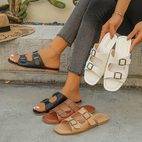 Lässige Damen Flache Slide Sandalen Doppelte Verstellbare Gürtelschnallen PU Leder Offene Zehe Weiche Sohle Strand Outdoor