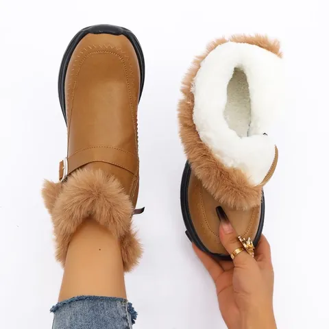 Women Winter Snow Boots Faux Fur Trim Warm PU Leather Ankle Boots With Side Zipper Metal Buckle Thick Sole Plus Size
