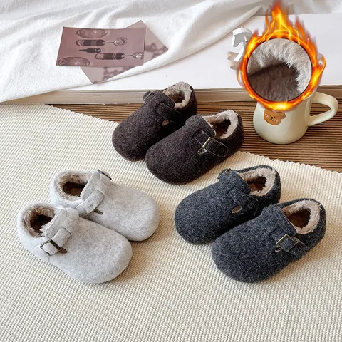 Kids Retro Faux Leather Fleece Lined Clogs Winter Warm Shoes For Toddlers Little Boys Girls Hook And Loop Non-Slip Shoes