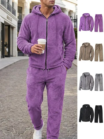 Men Casual Fleece Lined Hoodie and Pants Set Thick Solid Color Zip Up Tracksuit Two Piece Sweatsuit For Winter Outdoor