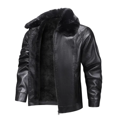 Men Winter Thick Fleece Lined Leather Jacket Windproof Waterproof Fur Collar Casual Loose Outerwear Coat For Middle-aged