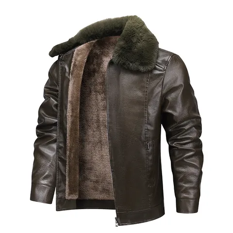 Men Winter Thick Fleece Lined Leather Jacket Windproof Waterproof Fur Collar Casual Loose Outerwear Coat For Middle-aged