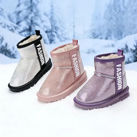 Girls Snow Boots Rhinestone Winter Shoes For Kids Faux Fur Lined Waterproof Non-Slip Warm Ankle Boots Children Footwear